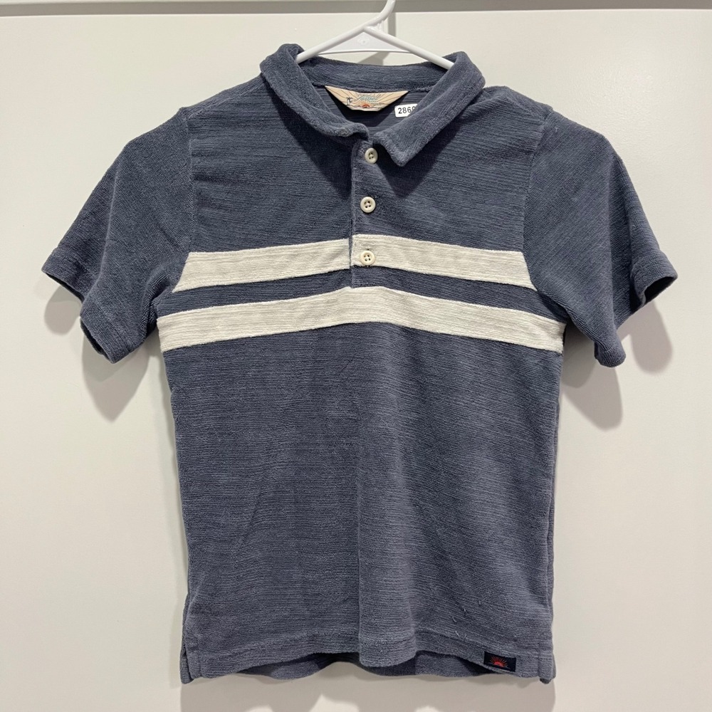 Faherty Cabana Towel Terry Polo Shirt Boy Size 8 Blue Cream Striped Short Sleeve